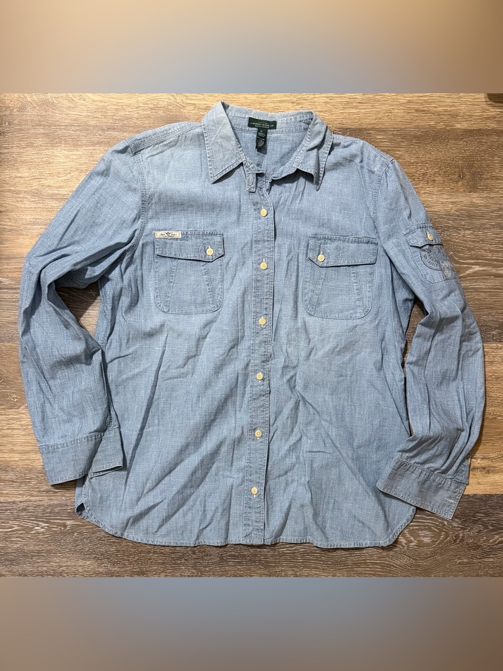 Lauren Jeans Co Ralph Lauren Chambray Shirt XL Utility Graphic Sleeve